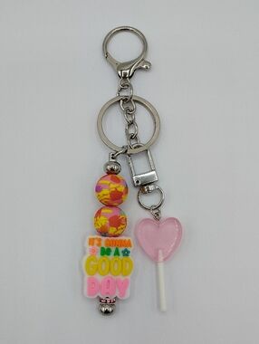 Handcrafted Keychain/Bag Charm - "It's Gonna Be A Good Day" Pink Heart Lollipop